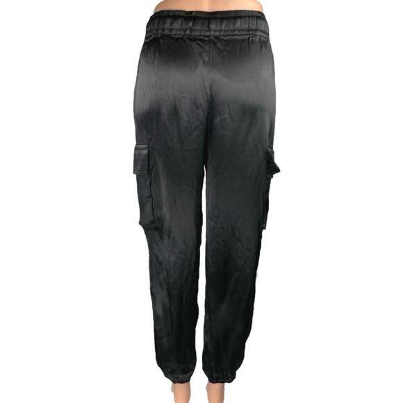 Rachel Zoe Black Silky Satin Drawstring Tapered Trousers Joggers Cargo Pants XS - Picture 3 of 6